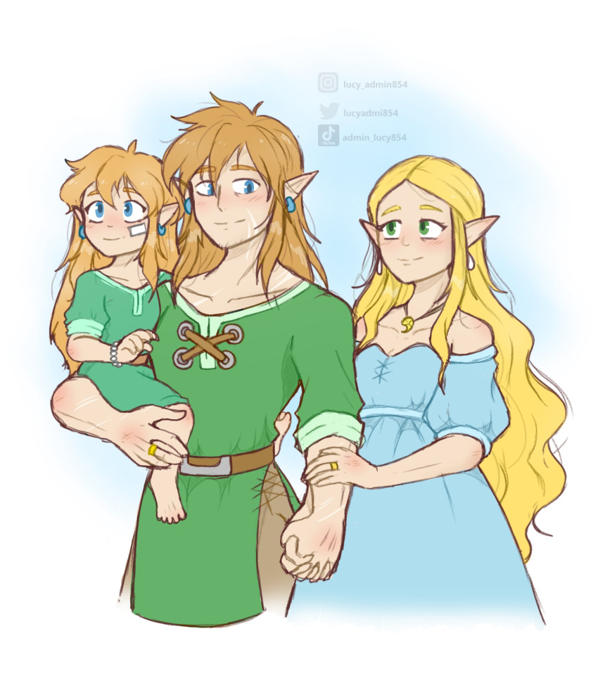 1boy, 2girls, blonde_hair, blue_dress, blue_eyes, brown_hair, check_copyright, copyright_request
