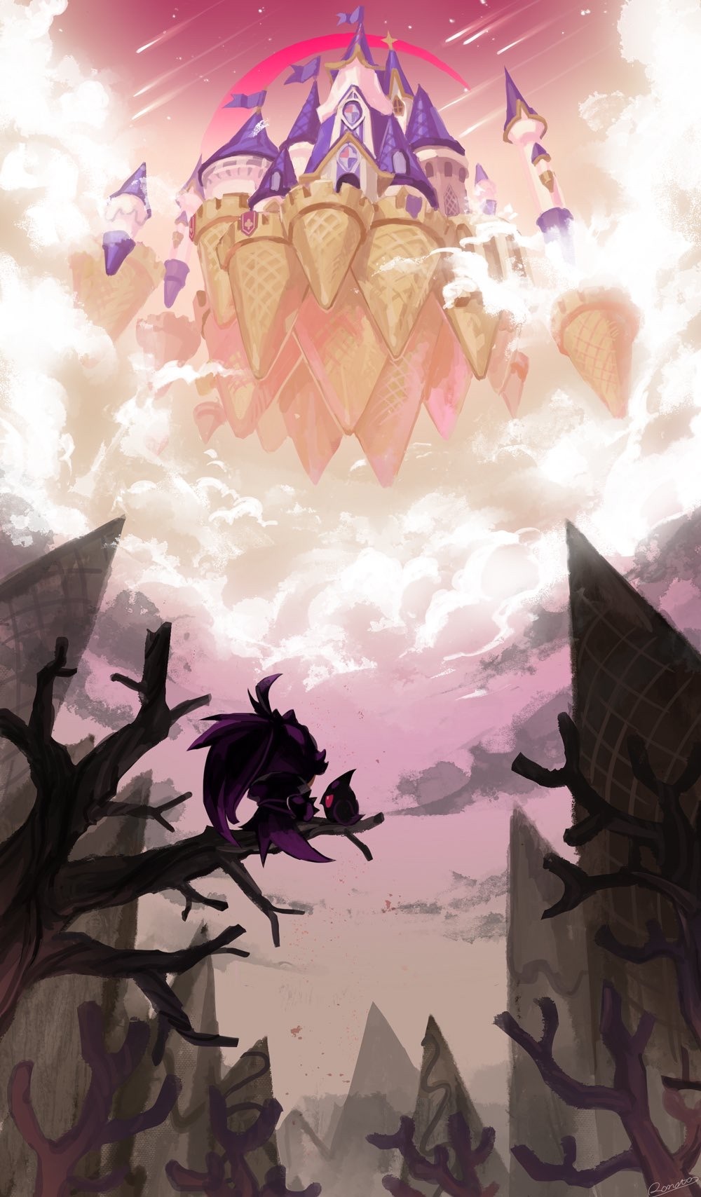 1girl, animal, bare_tree, bird, black_hair, black_raisin_cookie, castle, clouds