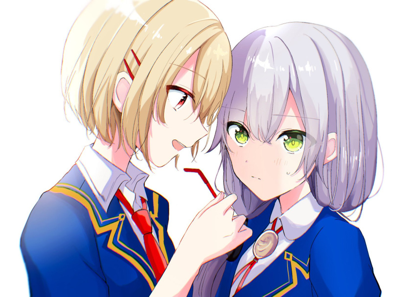 2girls, blonde_hair, blue_jacket, glasses, green_eyes, grey_hair, hair_ornament, hair_over_one_eye