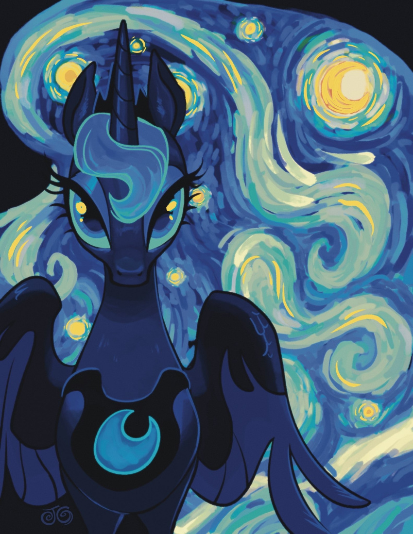 blue_eyes, blue_skin, blue_wings, colored_skin, feathered_wings, highres, horse, janegumball, looking_at_viewer, my_little_pony, my_little_pony:_friendship_is_magic, princess_luna, solo, starry_night_(van_gogh), toon_(style), vincent_van_gogh_(style), winged_unicorn, wings