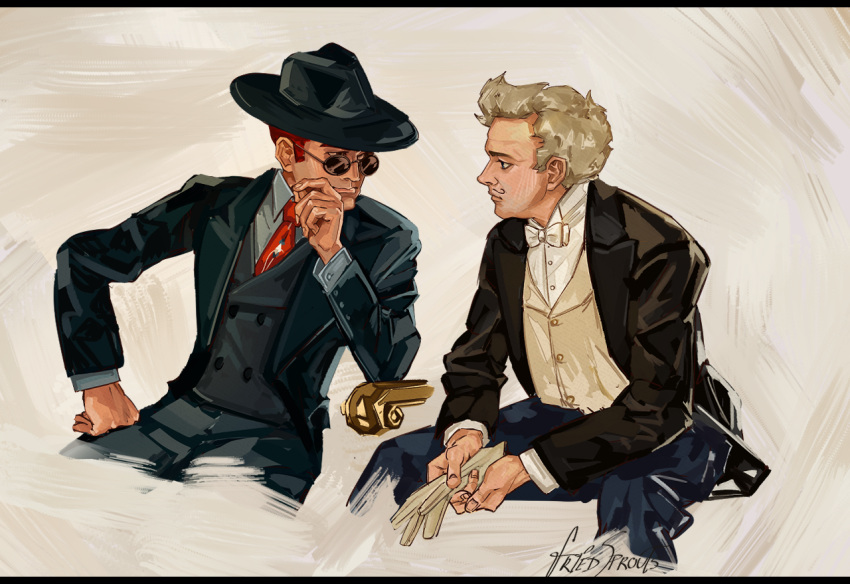 2boys, angel, aziraphale_(good_omens), crowley_(good_omens), demon_boy, friedgreensprouts, good_omens, j._c._leyendecker_(style)