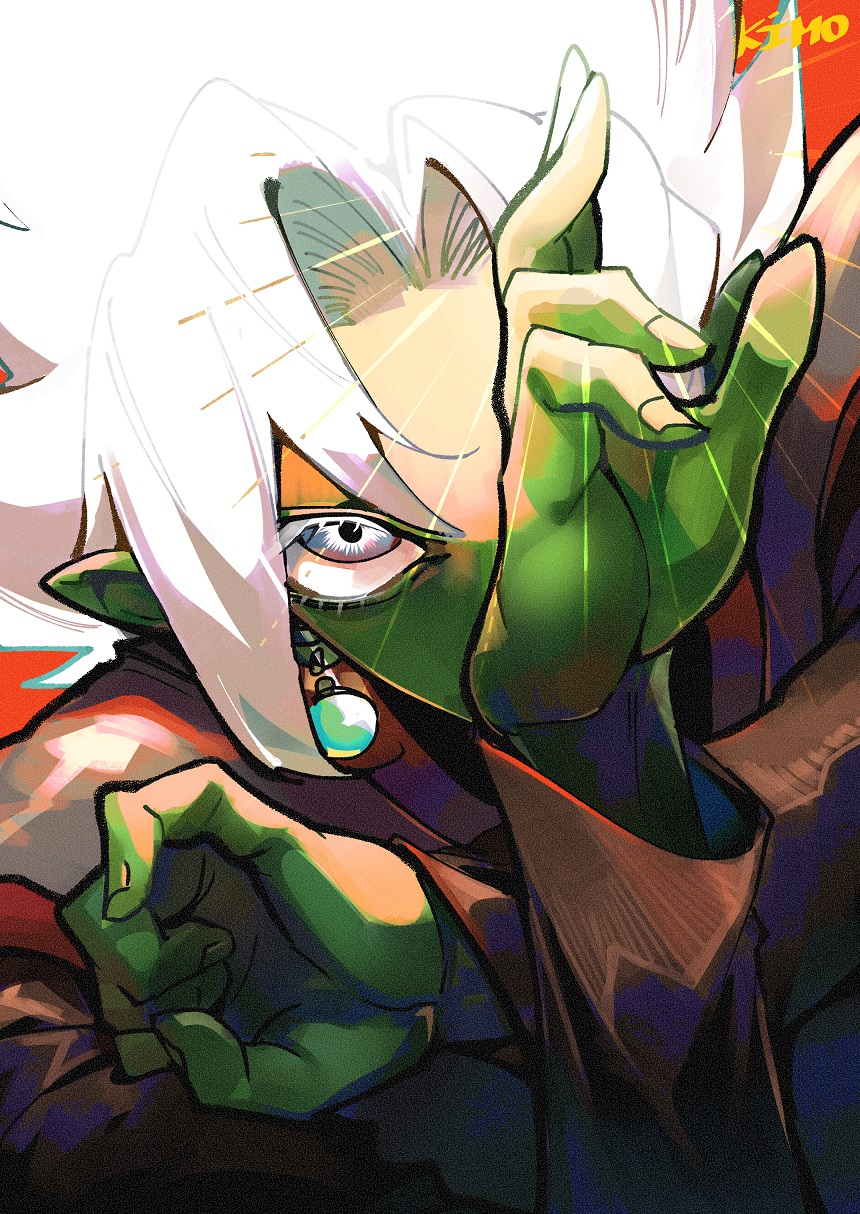 1boy, artist_name, colored_eyelashes, colored_skin, covering_own_mouth, dragon_ball, dragon_ball_super, earrings