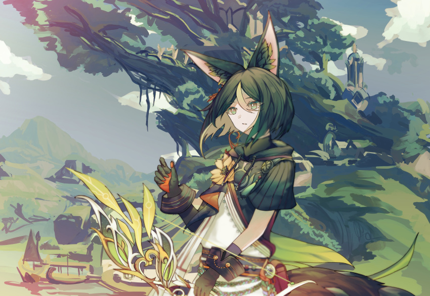 1boy, animal_ear_fluff, animal_ears, asymmetrical_sleeves, black_gloves, bow_(weapon), colored_inner_hair, commentary_request
