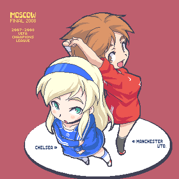 2008, 2girls, :d, :o, aqua_eyes, arms_up, blonde_hair, blue_hairband