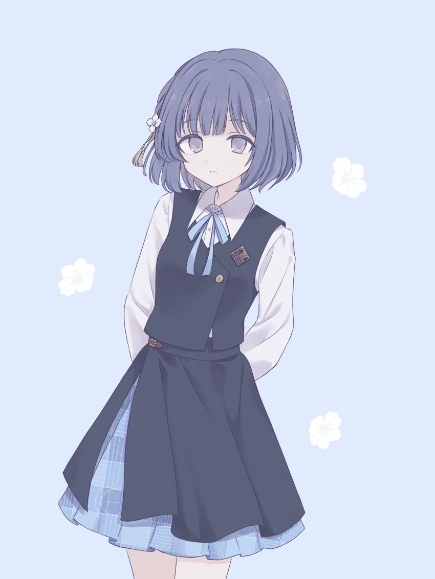 1girl, arms_behind_back, badge, belt_buckle, black_skirt, black_vest, blue_background, blue_hair