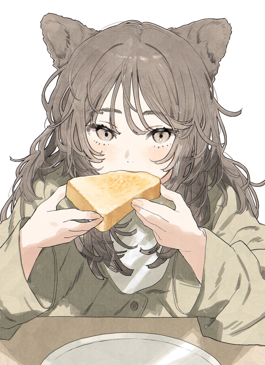 1girl, animal_ears, blush, bread, bread_slice, buttons, cat_ears, cat_girl