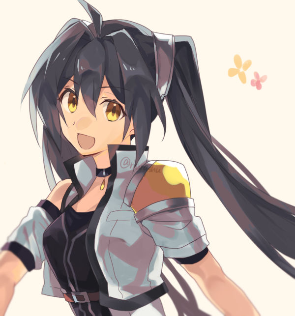 1girl, :d, ahoge, alternate_hair_color, black_choker, black_hair, choker, commentary_request