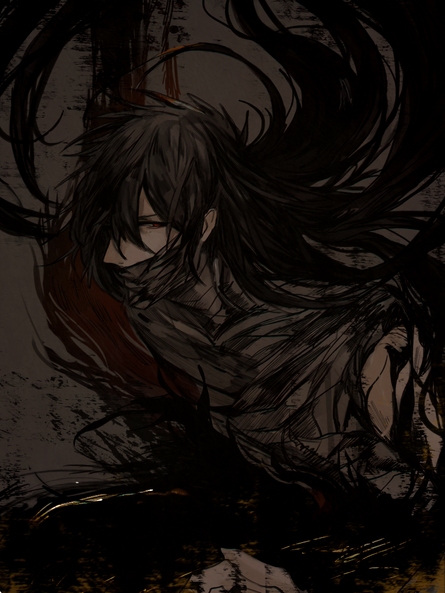 1boy, akahata, aura, bandaged_torso, black_hair, bleach, closed_mouth, commentary, dark, floating_hair, hair_between_eyes, highres, kurosaki_ichigo, long_hair, looking_at_viewer, male_focus, mask, mouth_mask, mugetsu_form_(bleach), official_alternate_eye_color, official_alternate_hair_length, official_alternate_hairstyle, profile, red_eyes, solo, spiky_hair, upper_body, v-shaped_eyebrows, very_long_hair