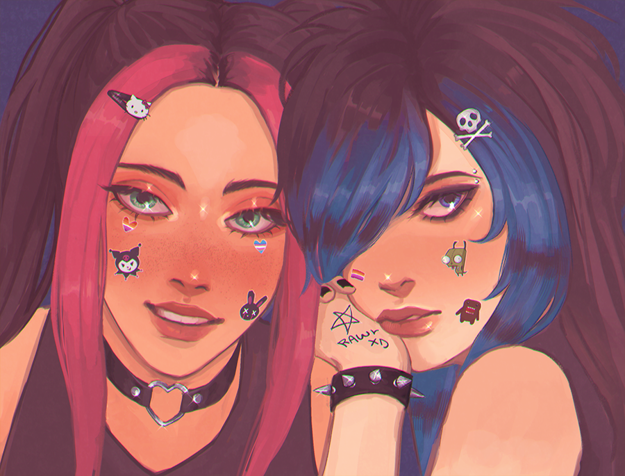 2girls, aqua_eyes, black_hair, black_nails, blue_eyes, blue_hair, body_writing, bracelet, choker, commentary, domo-kun, e-girl, emo_fashion, english_commentary, gir_(invader_zim), hair_ornament, hair_over_one_eye, hairclip, heart, hello_kitty, hello_kitty_(character), invader_zim, jewelry, kuromi, lesbian_flag, lips, long_hair, looking_at_viewer, multiple_girls, nhk_(broadcaster), onegai_my_melody, original, pink_eyes, raccoon_tails_(hairstyle), sanrio, scene_fashion, skull_hair_ornament, spiked_bracelet, spikes, sticker_on_face, transgender_flag, upper_body, z3nika