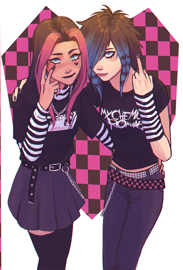 2girls, belt, black_hair, black_pants, black_shirt, black_skirt, blue_hair, chain
