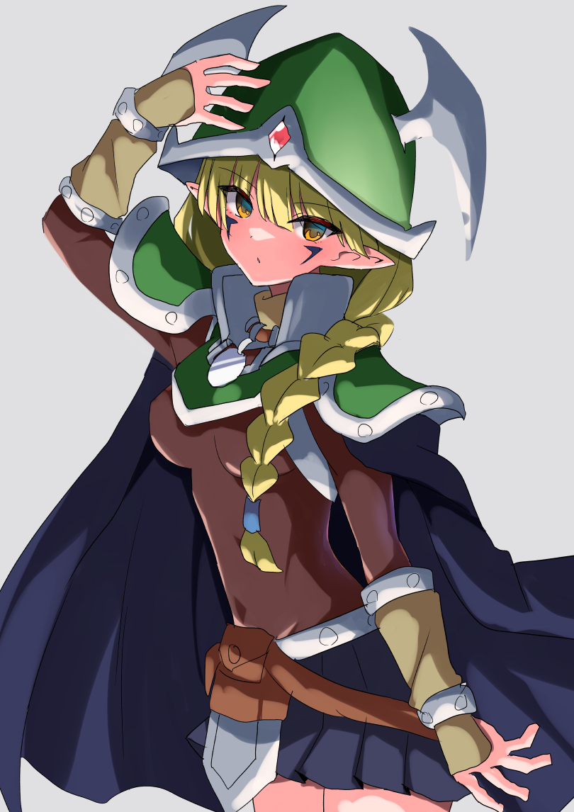 1girl, armor, black_bodysuit, black_skirt, blonde_hair, bodysuit, braid, breasts