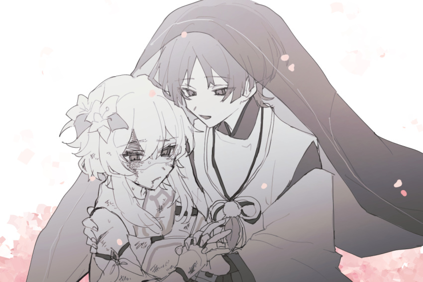 1boy, 1girl, arm_cutout, armor, blunt_ends, bruise, bruise_on_face, bruise_on_shoulder