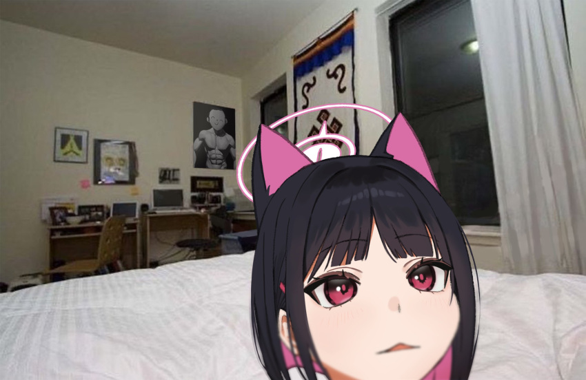 1girl, animal_ears, bed, bedroom, black_hair, blue_archive, cat_ears, commentary_request