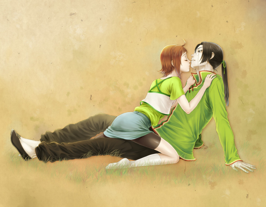 1girl, angela_(harvest_moon), arm_support, bike_shorts, black_hair, chinese_clothes, closed_eyes, couple