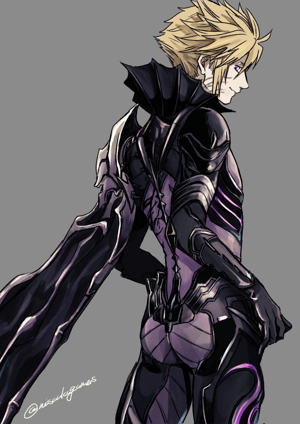 1boy, armor, ass, black_armor, black_gloves, blonde_hair, bodystocking, cloud_strife