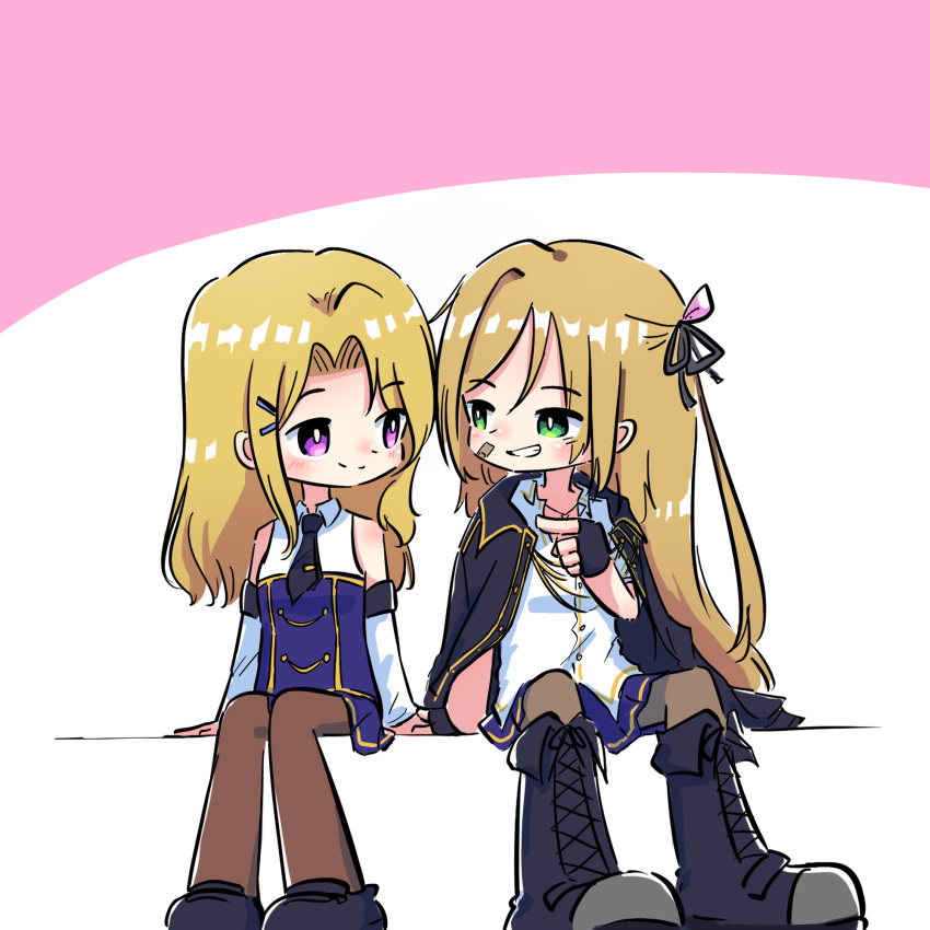 2girls, aged_down, akira_blanton, arm_at_side, arms_at_sides, assault_lily, bandaid, bandaid_on_cheek, bandaid_on_face, bare_shoulders, black_footwear, black_gloves, black_ribbon, blonde_hair, blue_cloak, blue_shirt, blue_skirt, blush, boots, bright_pupils, brown_pantyhose, buttons, cloak, collared_shirt, commentary_request, cross-laced_footwear, detached_sleeves, fingerless_gloves, full_body, gloves, green_eyes, grin, hair_ornament, hair_ribbon, hairclip, highres, holding_hands, jewelry, knee_boots, lace-up_boots, light_brown_hair, long_hair, long_sleeves, looking_to_the_side, miniskirt, multiple_girls, necklace, necktie, odaiba_girls_high_school_uniform, pantyhose, parted_bangs, parted_lips, pink_background, pink_ribbon, pleated_skirt, pointing, pointing_at_another, ribbon, school_uniform, shirt, shoes, short_necktie, side-by-side, sidelocks, simple_background, sitting, skirt, sleeveless, sleeveless_shirt, smile, takashima_yakumo, teisuu, two-tone_shirt, violet_eyes, white_background, white_pupils, white_shirt, yuri