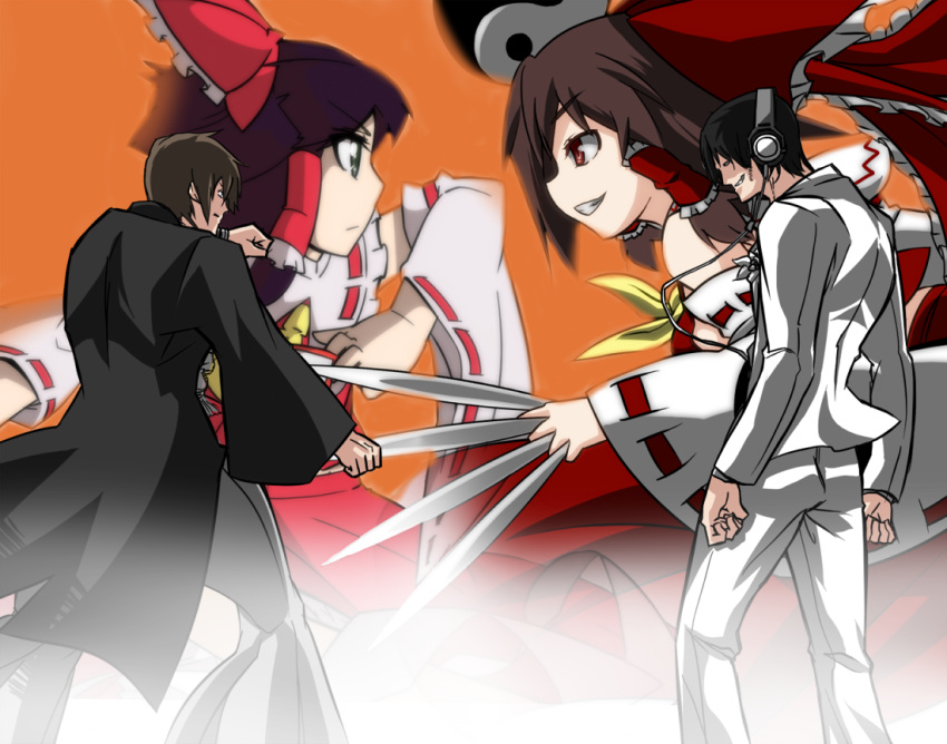 ascot, battle, bow, brown_hair, detached_sleeves, dual_persona, fighting_stance, hakurei_reimu, headphones, juno, long_hair, multiple_girls, ribbon, tamuhi, touhou