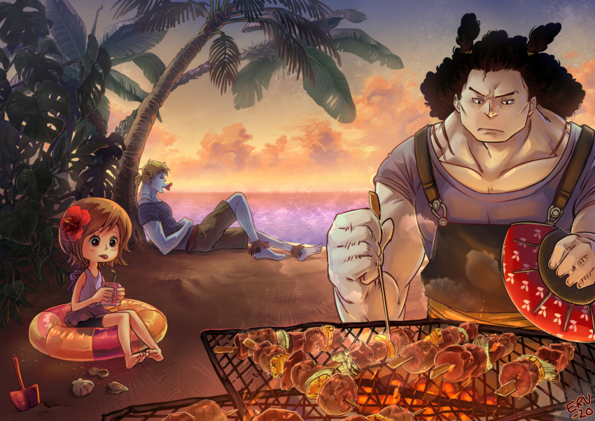 1girl, 2boys, absurdres, aged_down, beach, black_hair, chew_(one_piece), closed_mouth