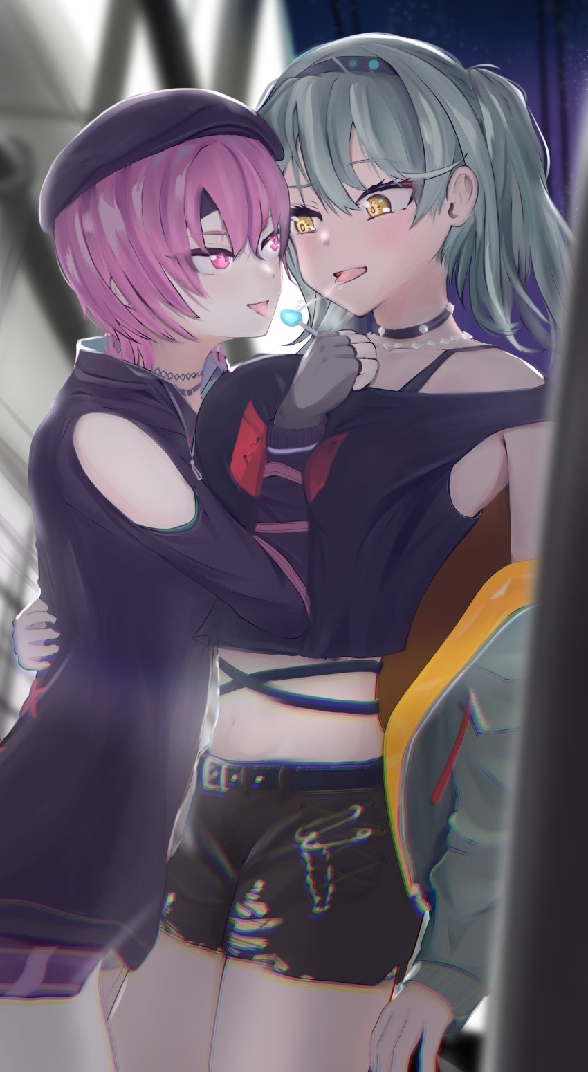 2girls, absurdres, after_kiss, candy, eye_contact, face-to-face, food, gloves