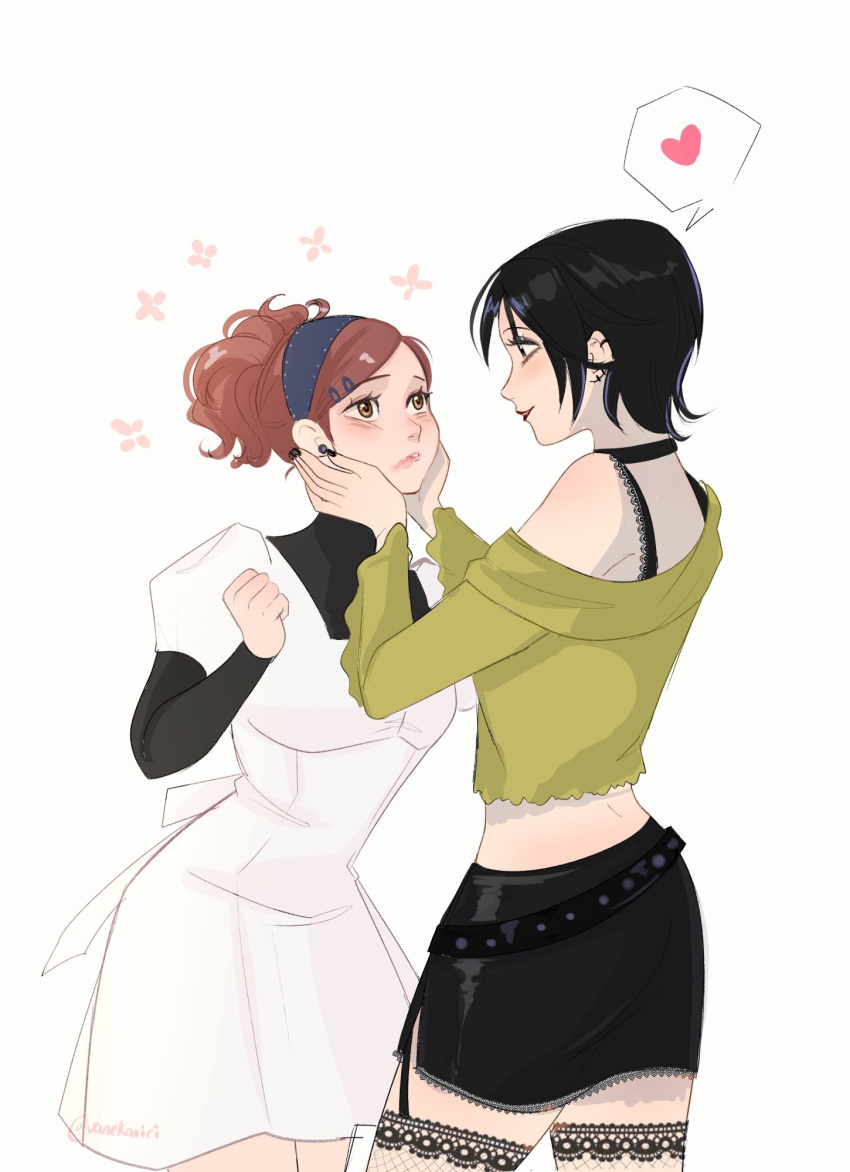 2girls, belt, black_belt, black_bra, black_footwear, black_hair, black_nails, black_shirt
