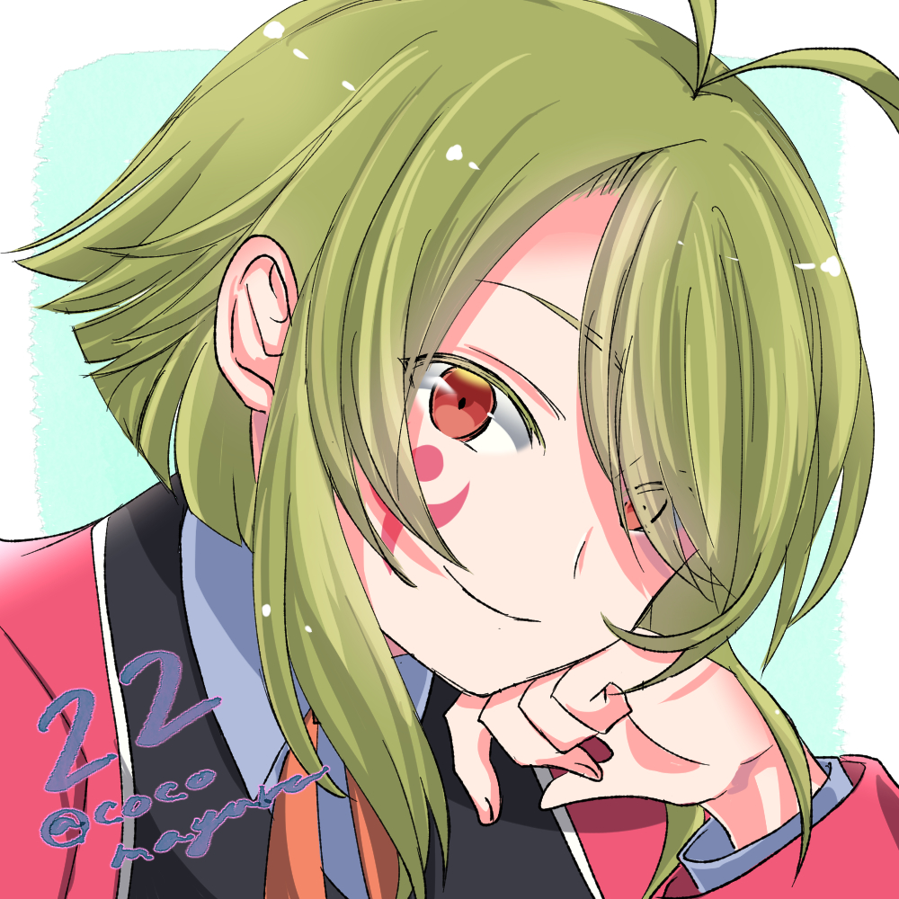 1boy, antenna_hair, blue_background, blue_shirt, border, campanella_(eiyuu_densetsu), closed_mouth, collared_shirt