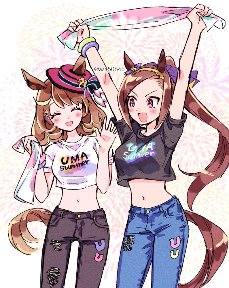 2girls, alternate_costume, animal_ears, arms_up, asa50646, breasts, brown_hair, closed_eyes