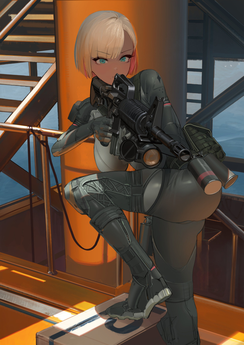 1girl, absurdres, assault_rifle, blonde_hair, blue_eyes, bob_cut, bodysuit, boots