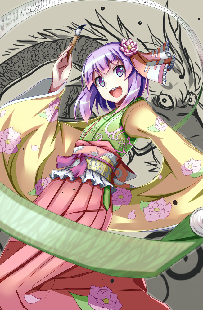 :d, akiyasu, calligraphy_brush, dragon, eastern_dragon, flower, hair_flower, hair_ornament