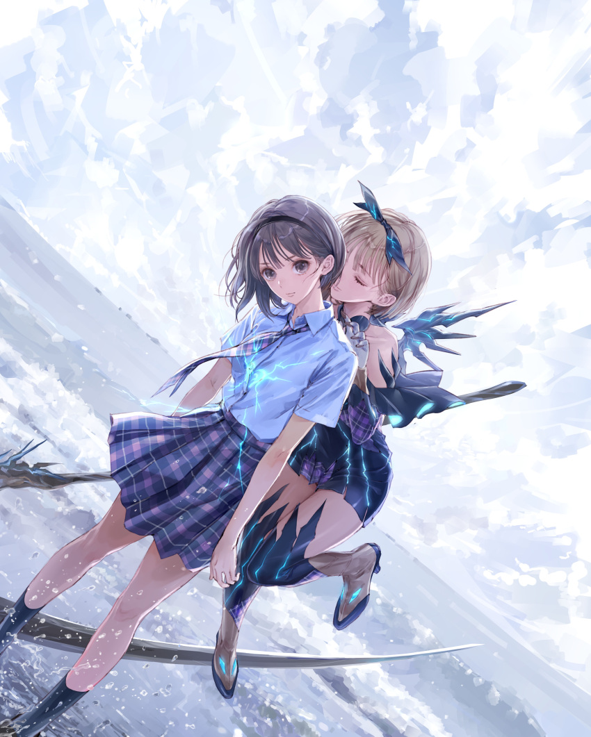 2girls, absurdres, behind_another, black_dress, black_hair, black_hairband, black_skirt, black_socks, blue_reflection_(series), blue_reflection_tie, bob_cut, boots, brown_eyes, brown_hair, closed_eyes, clouds, dress, dual_persona, dutch_angle, feet_out_of_frame, floating, glowing, hairband, hand_on_another's_shoulder, heart, highres, holding, holding_scythe, holding_weapon, hoshizaki_ao, kishida_mel, kneehighs, looking_at_viewer, magical_girl, multiple_girls, necktie, ocean, official_art, outdoors, plaid_clothes, plaid_skirt, pleated_skirt, school_uniform, scythe, shirt, short_hair, skirt, sky, socks, standing, wading, water, water_drop, weapon, white_shirt, wings