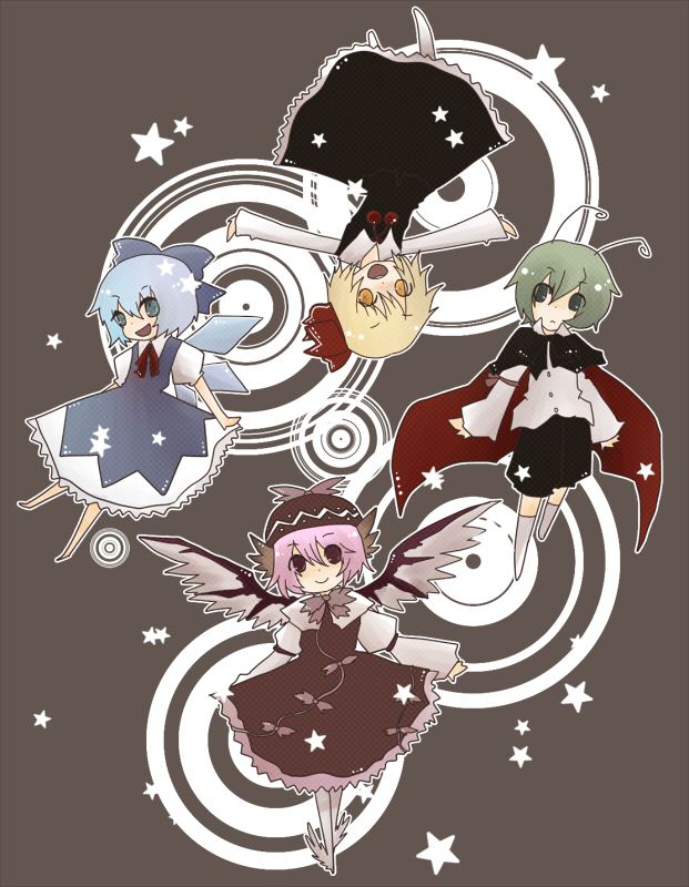 animal_ears, antennae, blonde_hair, blue_eyes, blue_hair, bow, cape, cirno, dress, green_eyes, green_hair, hair_bow, hair_ribbon, hat, multiple_girls, mystia_lorelei, pants, pink_hair, pmsiguma, ribbon, rumia, team_9, touhou, wings, wriggle_nightbug, yellow_eyes, youkai