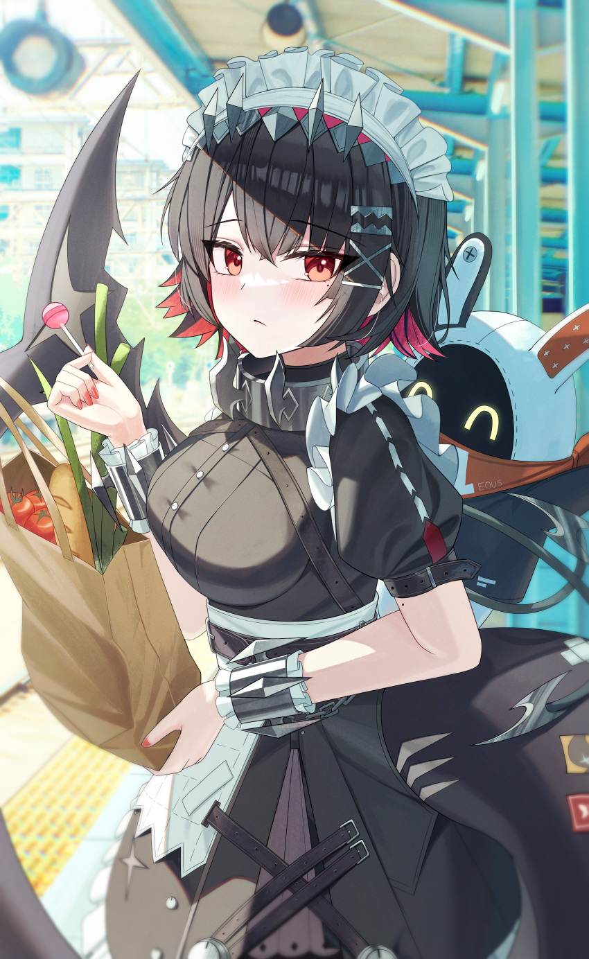 1girl, absurdres, arch_a4, bag, bangboo_(zenless_zone_zero), black_hair, blush, candy