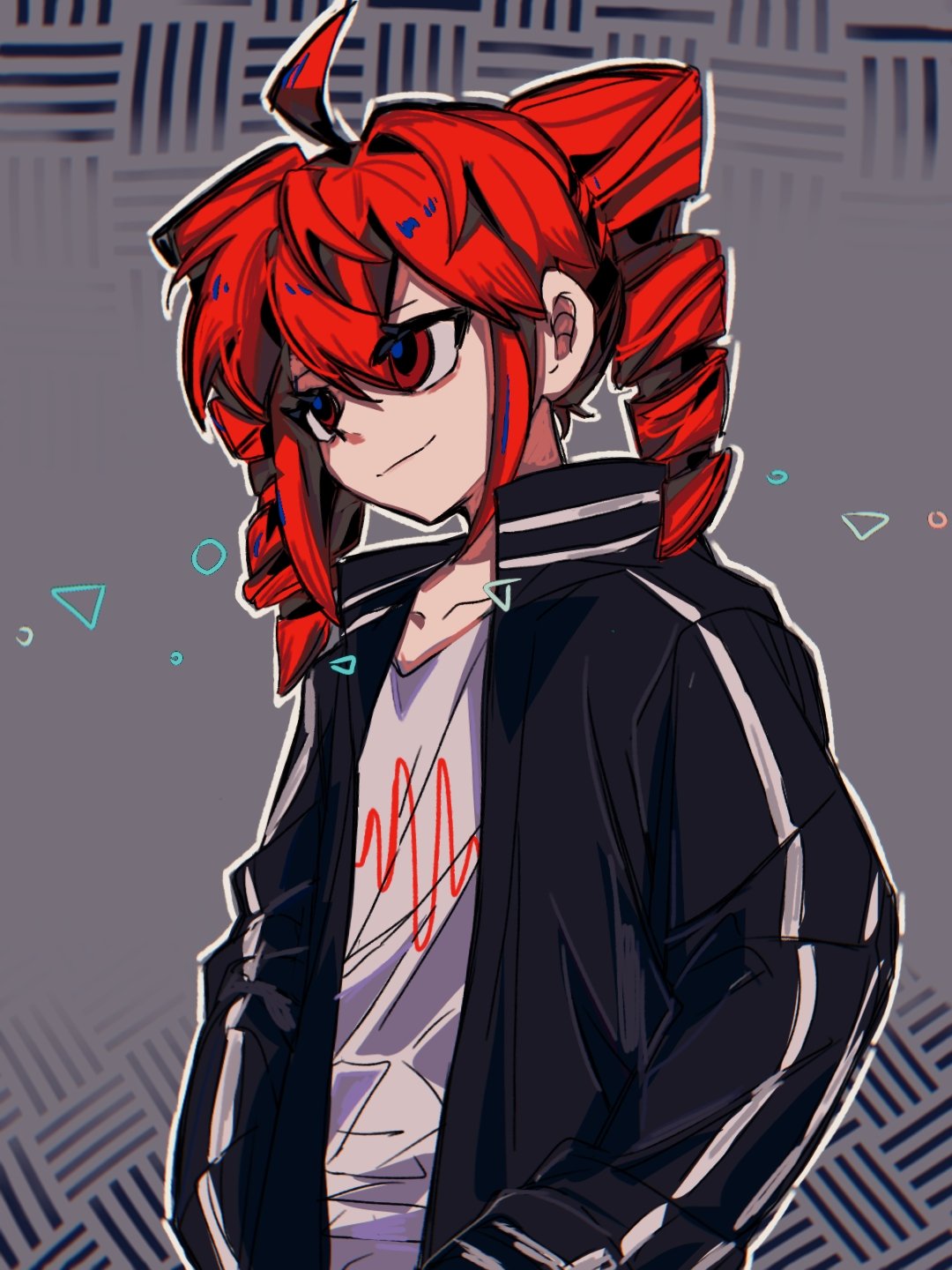 1girl, ahoge, black_jacket, closed_mouth, drill_hair, flat_chest, hands_in_pockets, highres