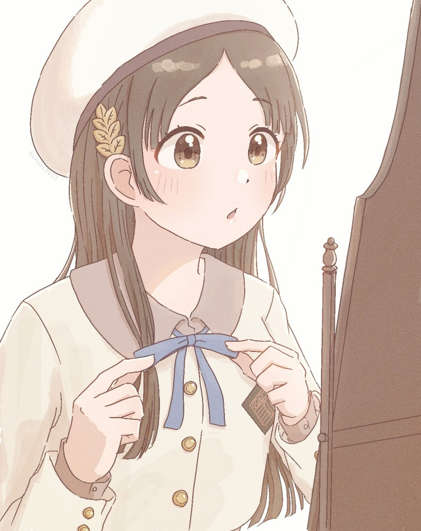 1girl, blue_ribbon, blush, breasts, brown_eyes, brown_hair, chestnut_mouth, dot_nose