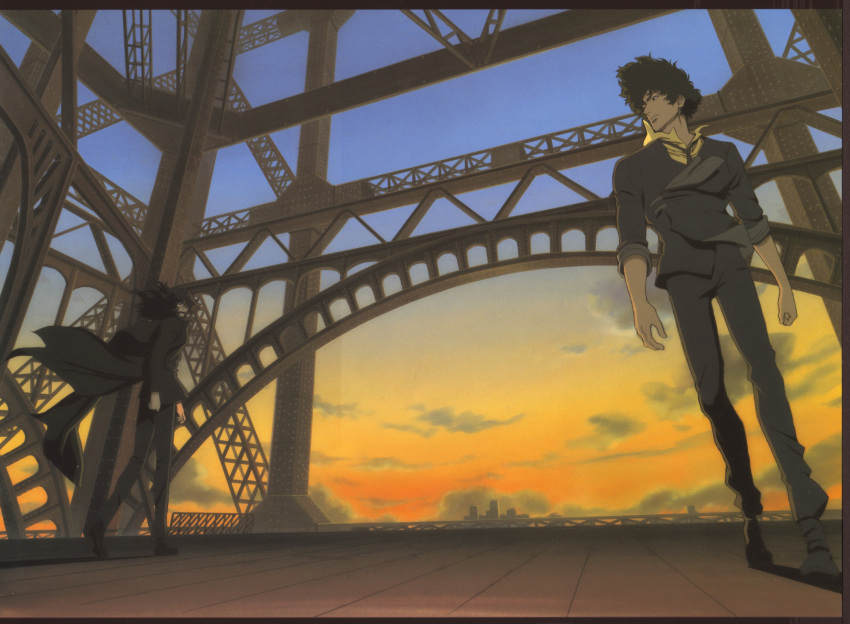 2boys, absurdres, beard, clouds, cloudy_sky, cowboy_bebop, cowboy_bebop:_knockin'_on_heaven's_door, facial_hair