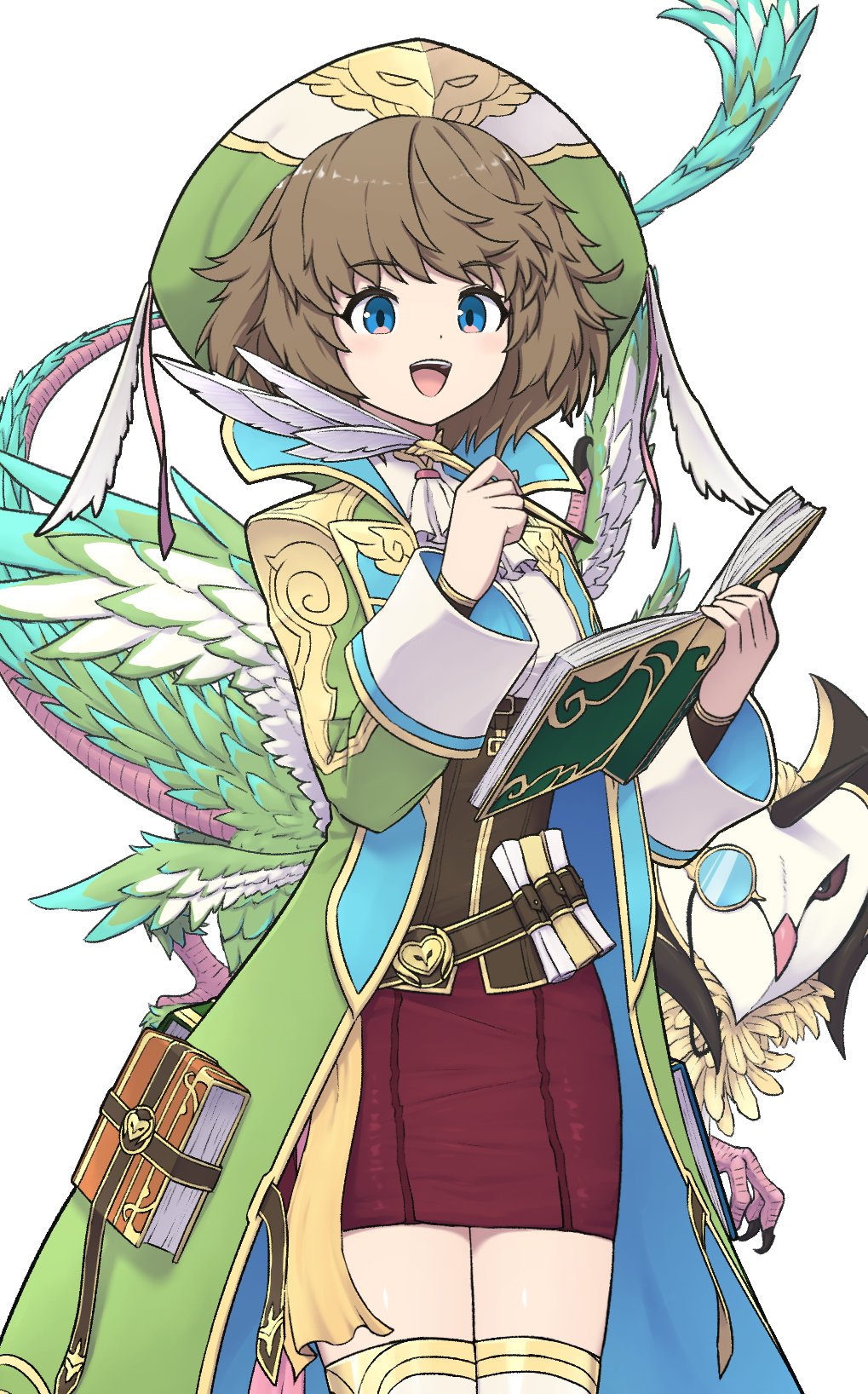 1girl, 1other, ascot, bird, blue_eyes, book, brown_hair, coat