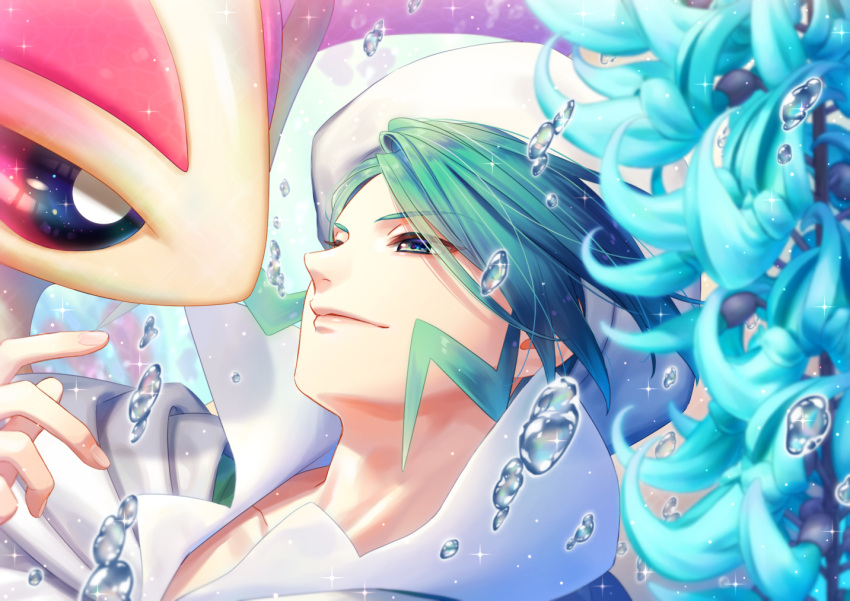 1boy, closed_mouth, commentary_request, fingernails, green_eyes, green_hair, hand_up, hat