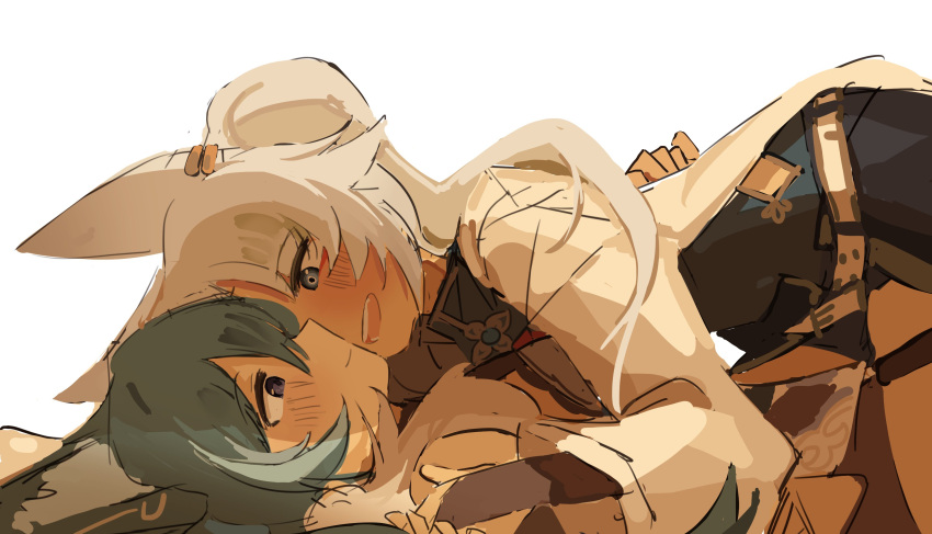 2girls, absurdres, animal_ears, black_shirt, blue_eyes, blush, closed_mouth, coat