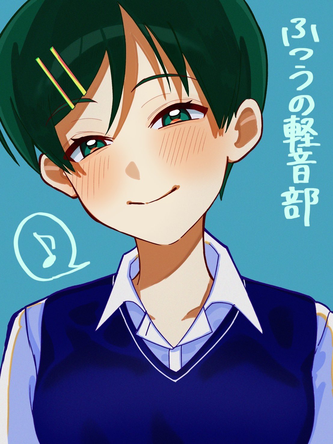 1girl, blue_background, blue_sweater_vest, blush, collared_shirt, commentary_request, copyright_name, dress_shirt