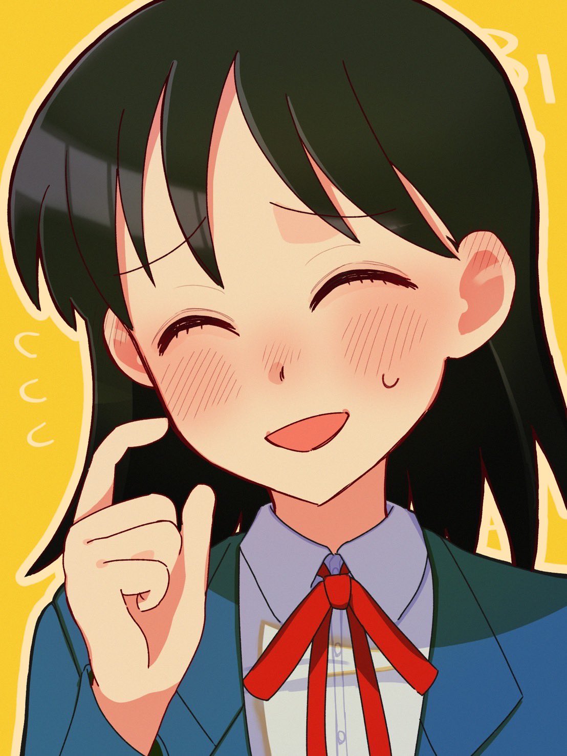 1girl, black_hair, blazer, blue_jacket, blush, closed_eyes, collared_shirt, commentary_request
