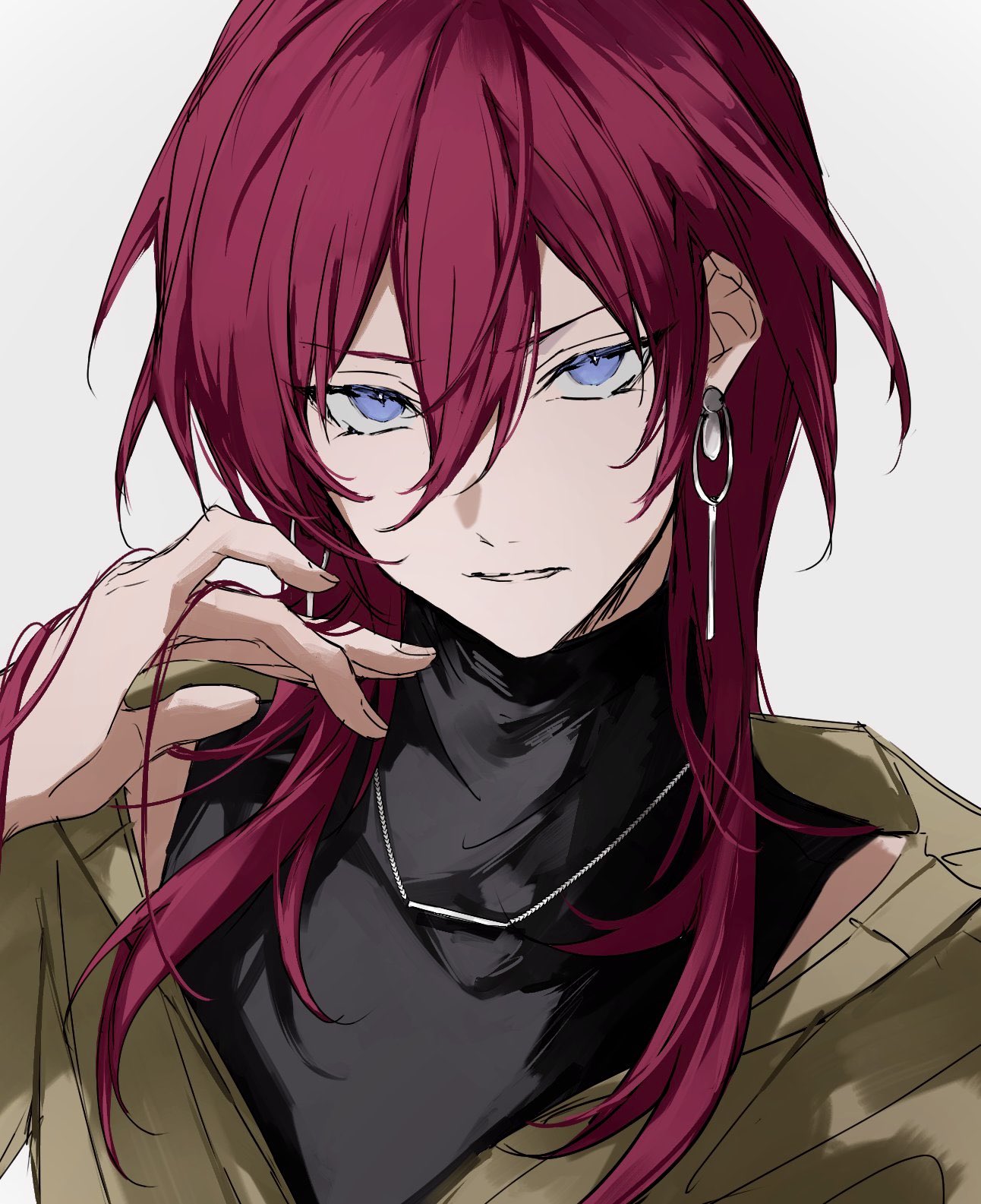 1boy, black_shirt, blue_eyes, earrings, ensemble_stars!, green_jacket, hand_in_own_hair, hand_up
