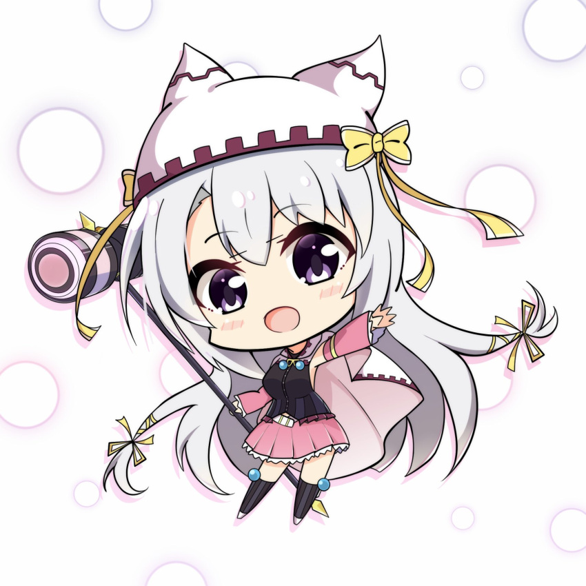 1girl, :d, animal_ear_headwear, ayachi_nene, black_shirt, black_thighhighs, blush_stickers, bow, breasts, chibi, commentary_request, cosplay, detached_sleeves, frilled_shirt, frilled_skirt, frilled_sleeves, frills, full_body, grey_hair, hair_between_eyes, hair_ribbon, hammer, happy, hat, hat_bow, highres, holding, holding_hammer, large_breasts, long_hair, long_sleeves, looking_at_viewer, magical_girl, miniskirt, open_mouth, outstretched_arm, pink_skirt, pleated_skirt, ribbon, sanoba_witch, shiiba_tsumugi, shiiba_tsumugi_(cosplay), shirt, simple_background, skirt, sleeveless, sleeveless_shirt, smile, solo, standing, taiga5556, tareme, thigh-highs, very_long_hair, violet_eyes, white_background, white_hat, wide_sleeves, yellow_bow, yellow_ribbon, zettai_ryouiki