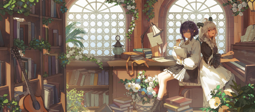 2girls, ahoge, blue_flower, blunt_bangs, book, book_stack, bookshelf, bow