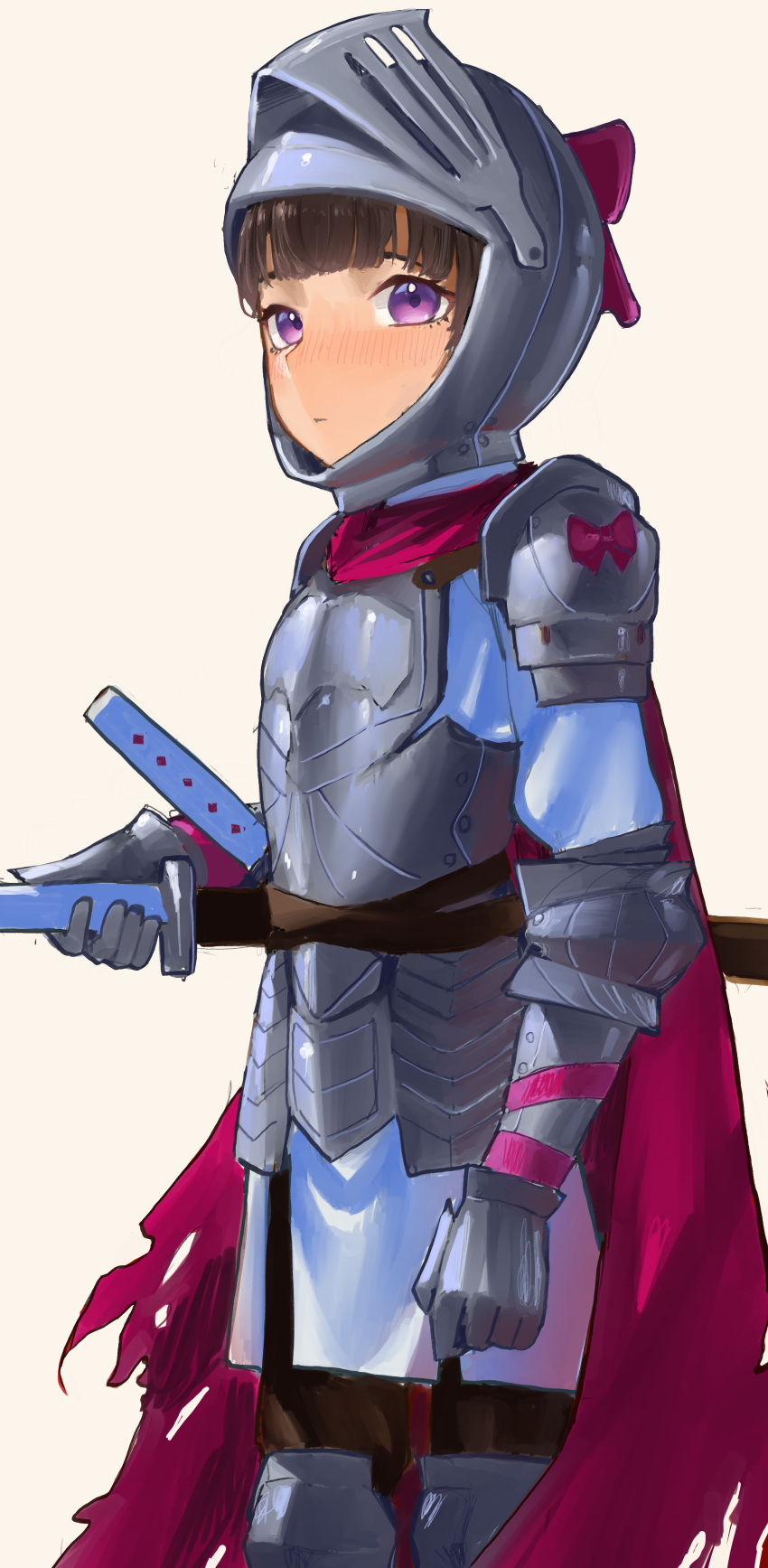 1girl, absurdres, armor, blunt_bangs, bow, cape, closed_mouth, cowboy_shot