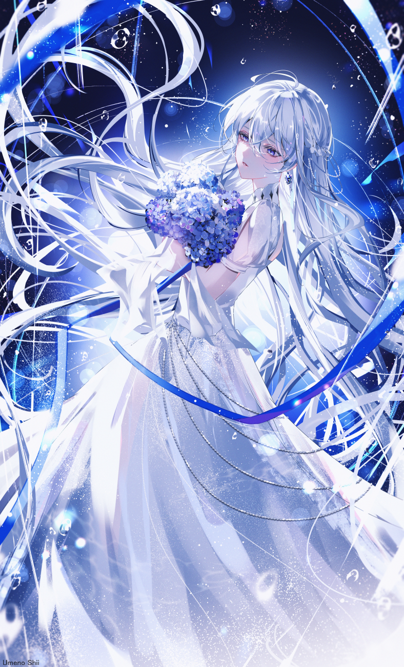 1girl, ahoge, air_bubble, arched_back, artist_name, back_cutout, backlighting, belly_chain