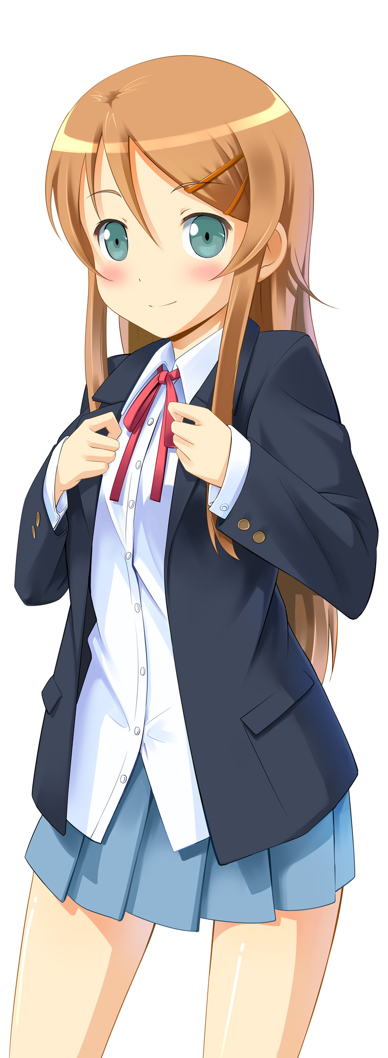 aqua_eyes, blazer, blush, brown_hair, cosplay, dress_shirt, hair_ornament, hairclip