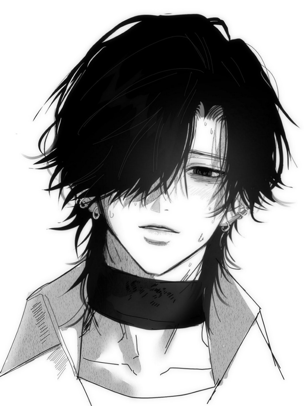 1boy, asymmetrical_bangs, choker, collarbone, collared_shirt, ear_piercing, east_100, gokurakugai