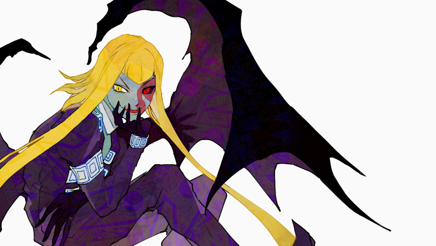 1brad, black_gloves, black_sclera, blonde_hair, blue_skin, bracelet, colored_sclera, colored_skin