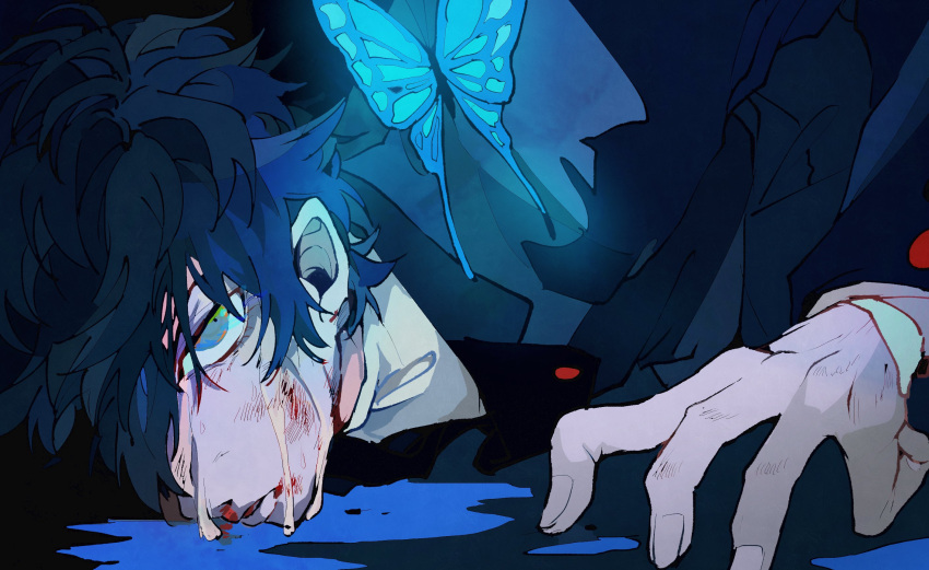 1boy, amamiya_ren, black_hair, black_jacket, blazer, blood, blood_on_face, blue_butterfly