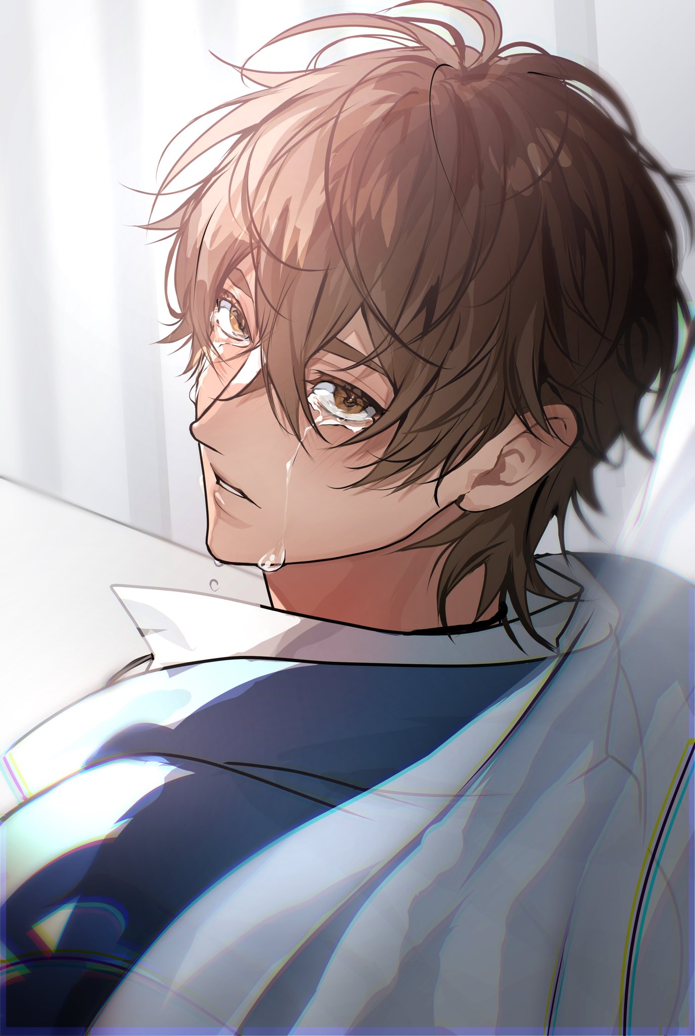 1boy, back, brown_eyes, brown_hair, character_request, crossed_bangs, crying, curtains