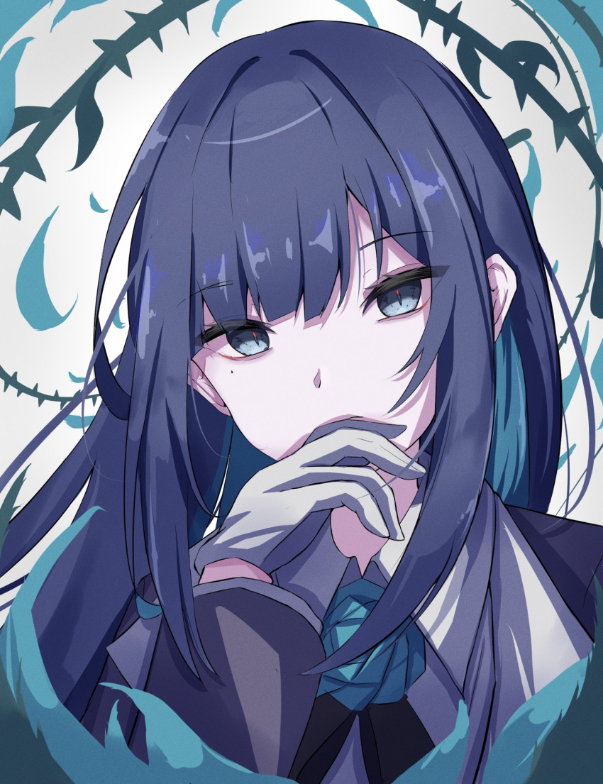 1girl, ado_(utaite), black_hair, blue_eyes, blue_flower, blue_hair, blue_rose, chando_(ado)